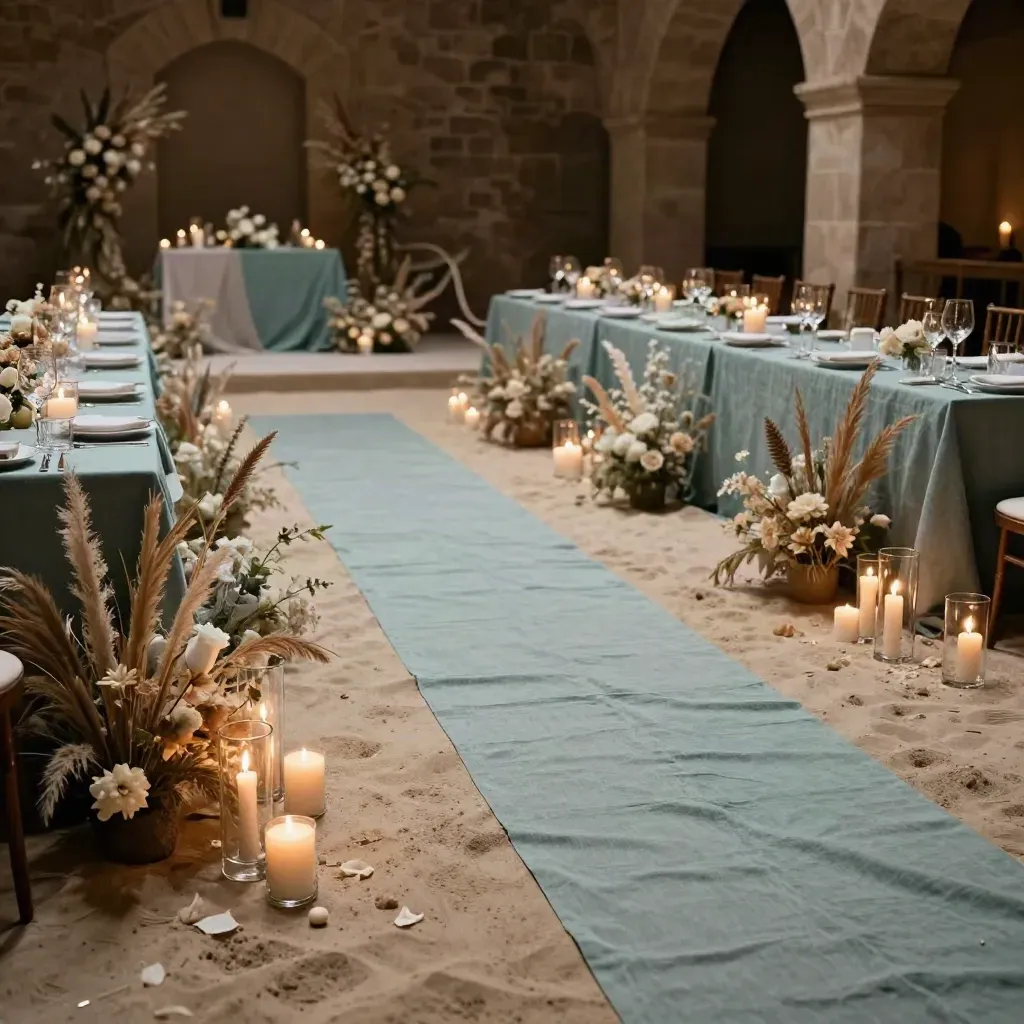 Zacht verlichte trouwstyling in zand en teal met dinertafels en ceremonie-aisle