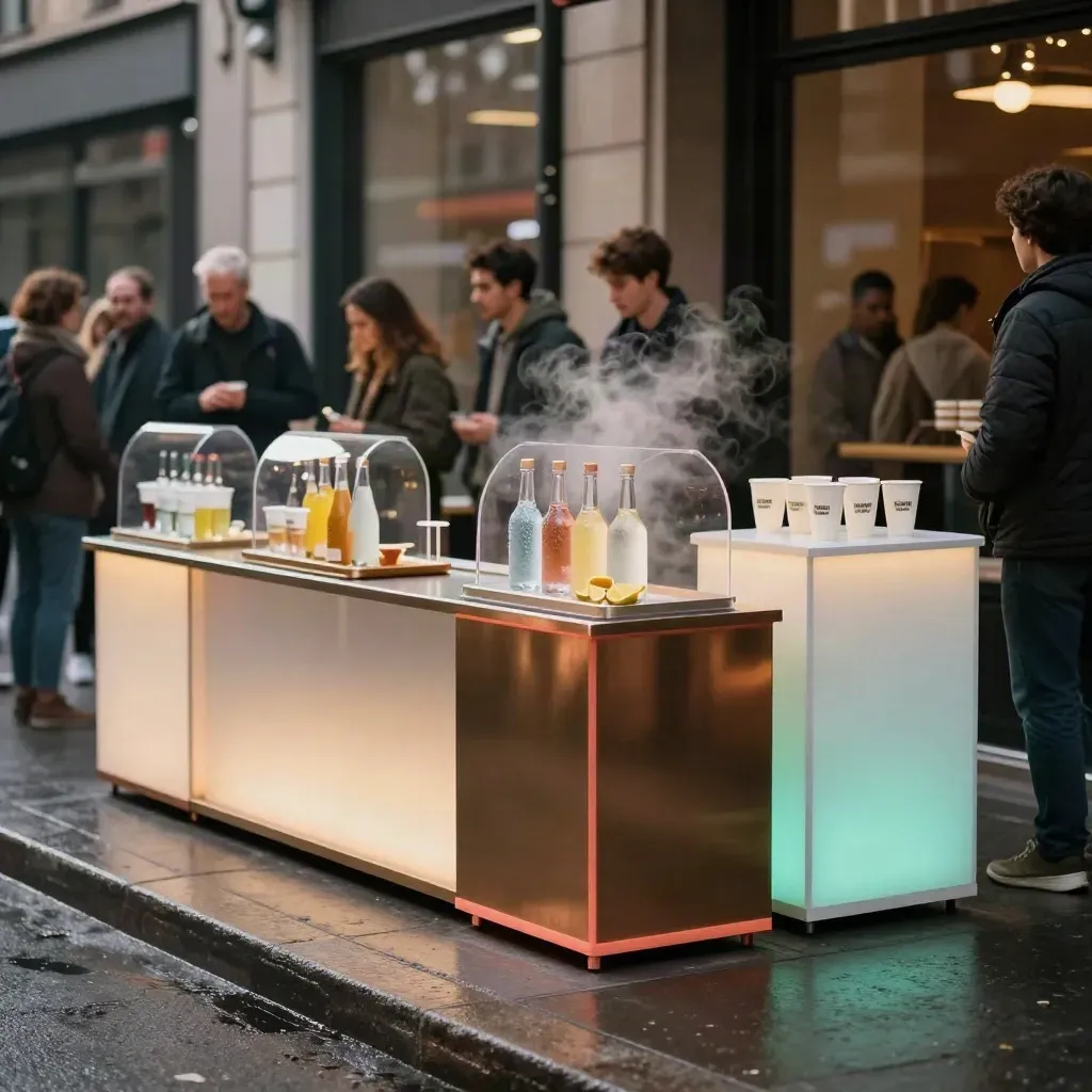Verlichte straatactivatie met proefstations, wachtroutes en mistige late-middaghaze.