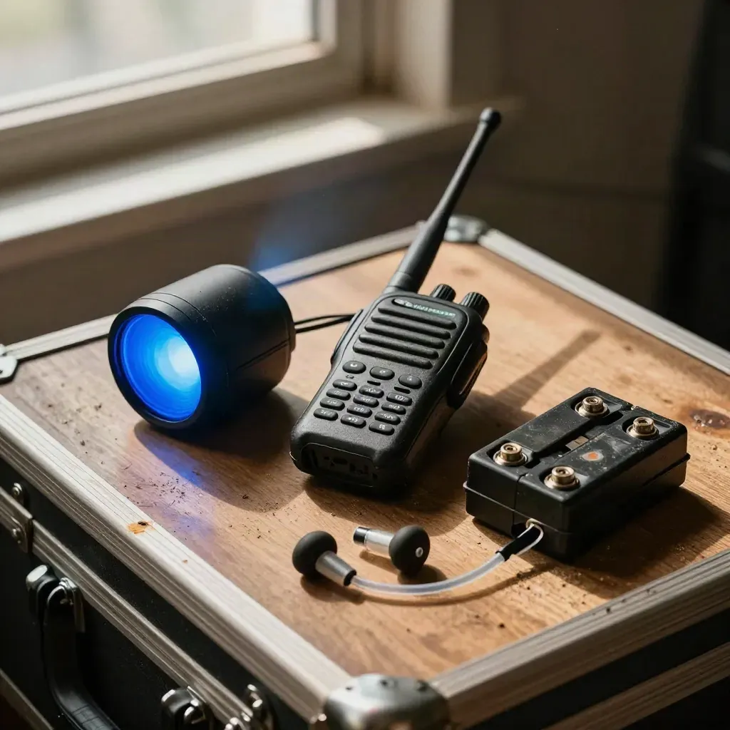 Walkietalkie, cue light, earpiece case en batterijpakket op een flightcase in zacht daglicht.