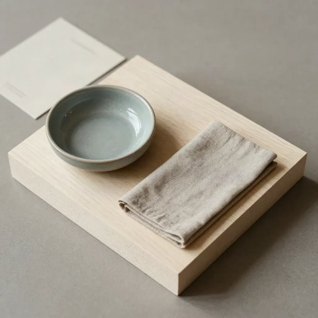 Bovenaanzicht van foamblok-layout, materialenstaaltjes en keramische bowl op licht eikenhout.