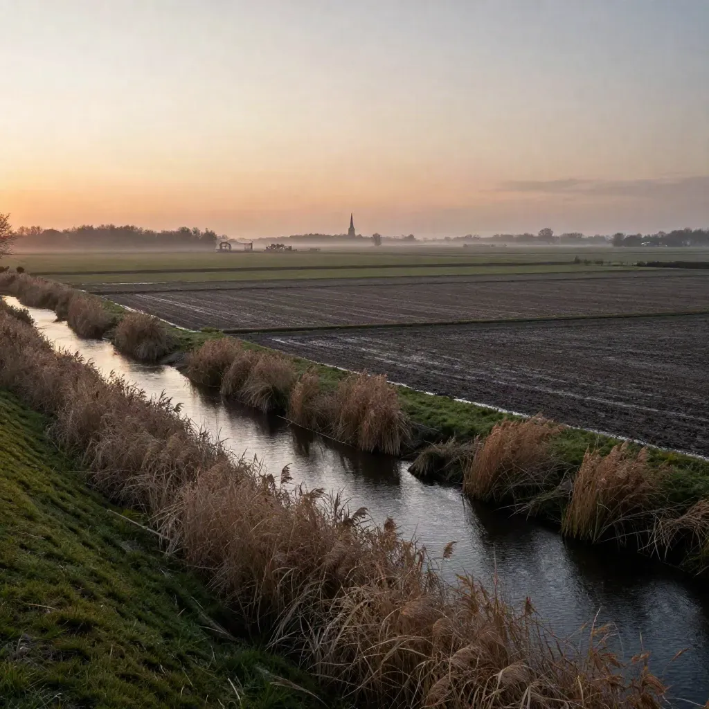 Nevelig polderland met riet, watergangen en een verre kerktoren in warm avondlicht.